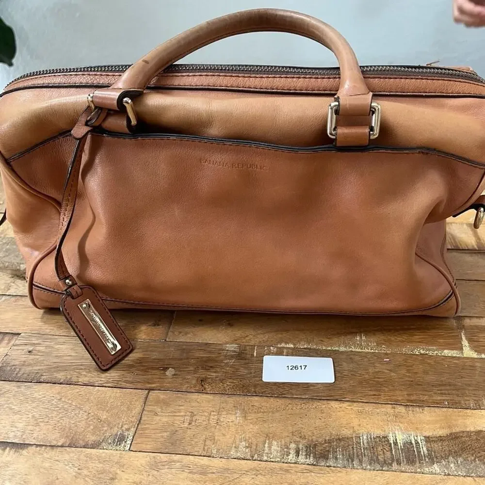 Banana Republic Leather Satchel 13.5 in Double Handles Warm Tan Leopard Lining